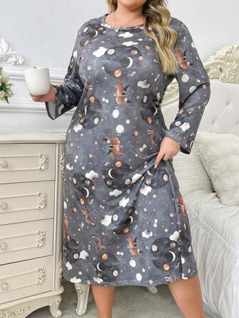 女童长袖秋季睡袍，带有月亮熊图案