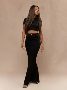 MISSGUIDED Fishtail Hem Back Slit Denim Midi Skirt - Black - View 4