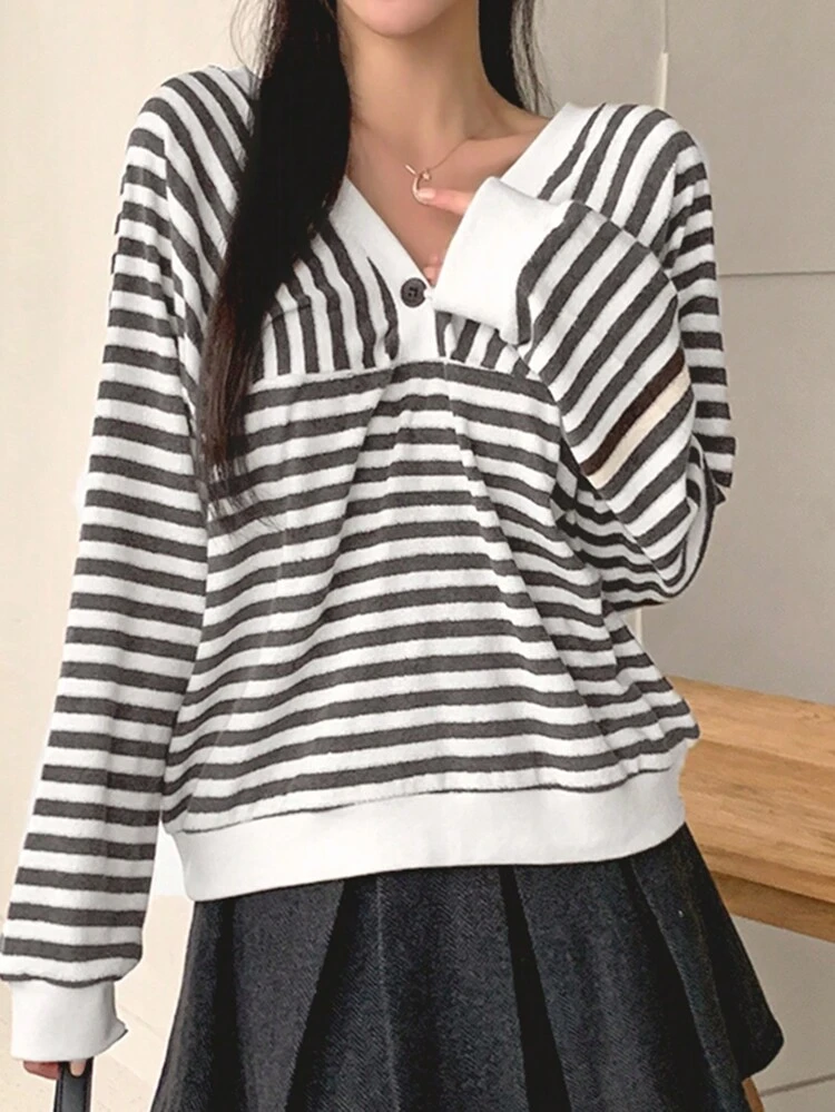 Women's Casual V-Neck Colorblock Striped Sweatshirt, Autumn