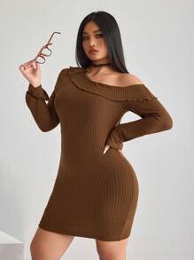 SHEIN ICON ICON 大码女式露肩长袖针织紧身连衣裙 - 棕色 - 查看 2