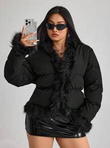 SHEIN ICON ICON Plus Size Women's Patchwork Fur Collar Short Down& Feathers Jacket - Black - View 3