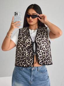 SHEIN ICON 大码女式短款豹纹背心，秋季夹克 - 彩色 - 查看 3