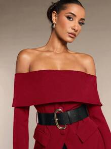 SHEIN BAE 女士时尚露肩西装外套 含腰带 露肩冬季女士外套 商务女装 冬季女装 职业上衣 冬季女士服装 女士西装外套 - 酒紅色 - 查看 2