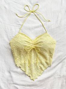 Soleia Camiseta sin mangas con cuello en V acanalado, fruncido delantero y espalda de tirantes anchos, de punto texturizado amarillo, para vacaciones, para mujer