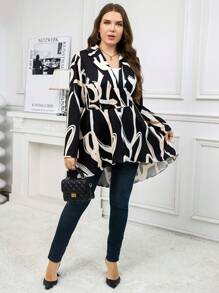 SHEIN Clasi Plus-Size Asymmetrical Hem Single Breasted Lapel Blazer, Autumn - Black and White - View 4