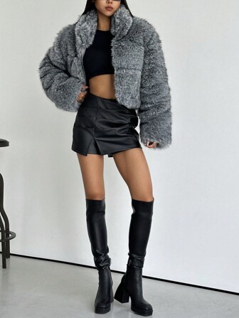 SHEIN Privé Women's High Collar Short Elegant Fluffy Coat