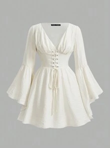 SHEIN MOD Große Größen Abendkleid Ballkleid mit Ärmeln, Damen Kleid mit ausgestellten Ärmeln und Taillen Binde - Aprikosenfarben - Übersicht 1