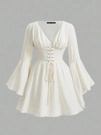 SHEIN MOD 大码礼服舞会礼服带袖女式喇叭袖腰系带连衣裙