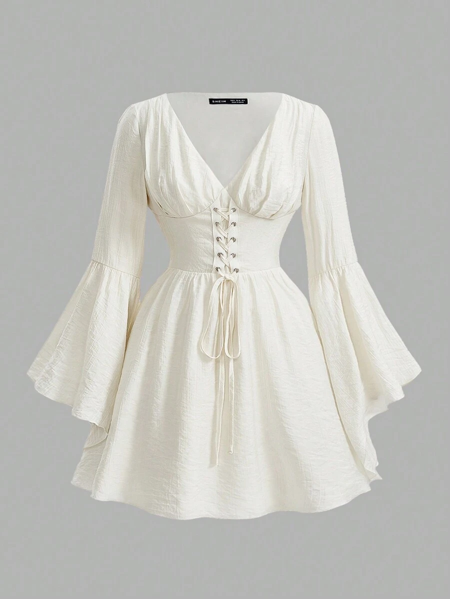 SHEIN MOD Große Größen Abendkleid Ballkleid mit Ärmeln, Damen Kleid mit ausgestellten Ärmeln und Taillen Binde - Aprikosenfarben - Übersicht 1