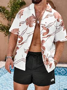 Manfinity Swimmode Heren Turndown Collar Allover Print Korte Mouw Top En Trekkoord Voorkant Shorts Strandset
