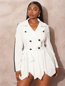 SHEIN SXY Plus Size Women Halloween Asymmetric Hem Contrast Lapel Coat (With Belt), Suitable For Fall & Winter, Date Night, Birthday, Bachelorette Party, Casual, Shopping, Streetwear, Going Out, Easy To Match & Looks Slim, Accent Your Body, Flatter The Figure - Black and White - View 6