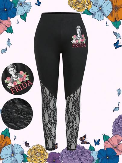 Frida Kahlo X SHEIN Leggings de tejido de punto ajustado con parche de encaje, gráfico de retrato de rosa negra, elegante, sexy, casual y versátil en tallas grandes
