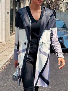 SHEIN Unity Hooded Side Split High Low Waist Cinched Pockets Casual Jacket Fall Cloth For Women - Grey - View 5