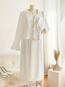 SHEIN Frenchy Trang phục thường ngày cỡ lớn mùa thu, Quần áo mùa thu, Quần áo mùa thu cho phụ nữ, Trang phục du lịch sân bay, Bộ 2 váy và áo sơ mi tay chuông màu trơn, Mùa xuân và mùa thu - trắng - Xem 3