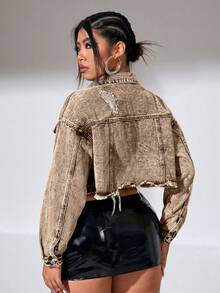 SHEIN ICON Áo khoác denim tay dài giản dị màu trơn cỡ lớn có nút túi phía trước - màu nâu - Xem 2