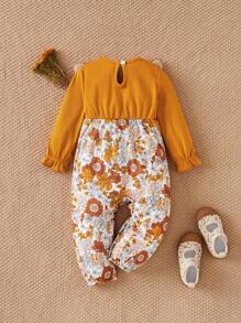 SHEIN 女童优雅复古法式花卉荷叶边围兜连体裤，适合外出，秋冬季 - 酒紅色 - 查看 2