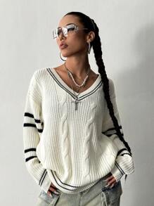Flirla Women Contrast Color Knitted Long Sleeve Sweater