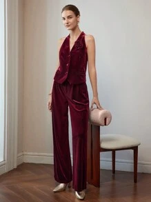 MOTF PREMIUM VELVET STEREO FLOWER DETAIL HALTER NECK WAISTCOAT - Burgundy - View 8