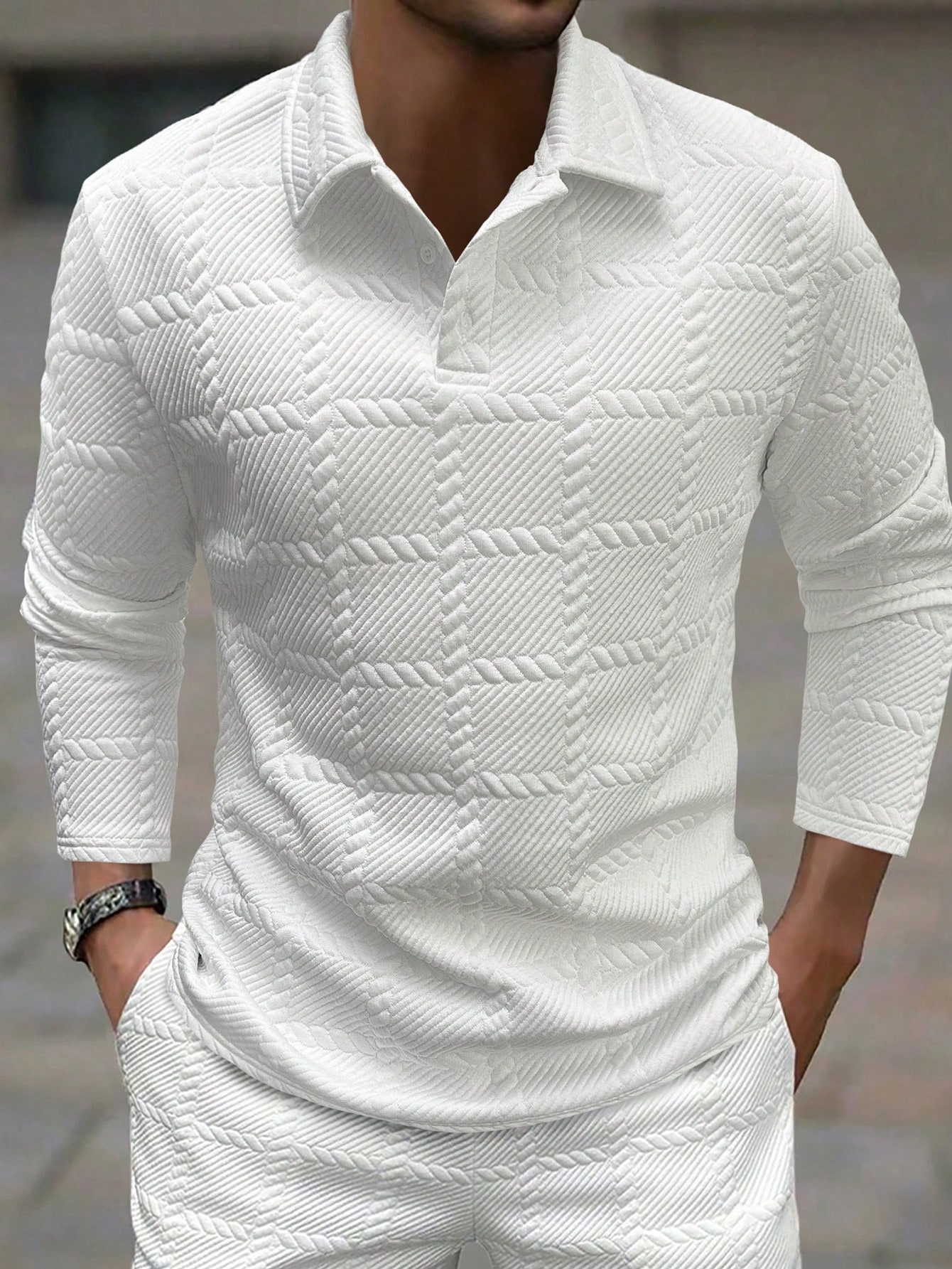 Manfinity Homme قميص بولو جولف كاجوال بأكمام طويلة من قماش جاكارد مع زر على الحاجز، للربيع والخريف، قميص بولو جولف أبيض، هدية للحبيب، الخريف