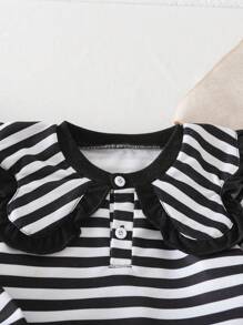 Baby Girl Autumn Winter Outfit, Includes Striped Sweatshirt And Loose Fit Ruffle Trim Denim Pants, Casual Fashion Set
