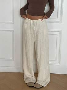 SHEIN EZwear Quần ống rộng dệt kim xoắn mới cho nữ, mặc ở nhà thoải mái - Màu be - Xem 3