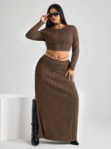SHEIN ICON ICON Damen Große Größen Braun Rundhals Langarm Bodycon Kleid mit Schlitz im Rock 2-teiliges Set - Kaffeebraun - Übersicht 4