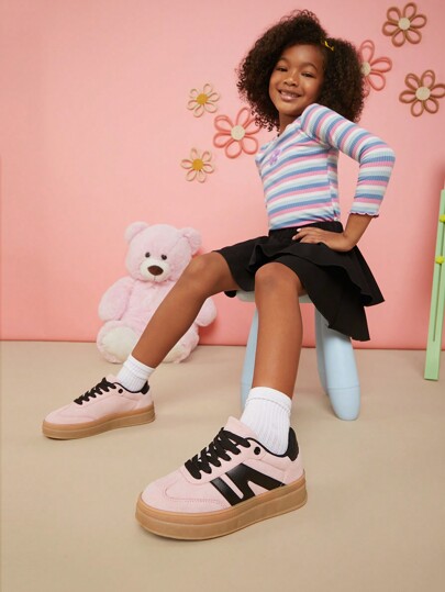 Mini mi Bestseller Kid's Black Pink Double-Stacked Platform Bold Sneakers,K-POP Styles,Light Weight, Fashion ,Versatile