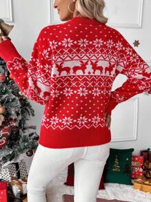 EMERY ROSE Suéter de punto con hombros caídos con estampado de renos y copos de nieve para Navidad y Año Nuevo, jersey de punto de otoño e invierno - Rojo - Ver 3