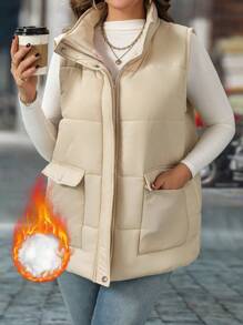 SHEIN LUNE Ropa de invierno talla grande Abrigo acolchado sin mangas con bolsillos y cremallera - Champán - Ver 1