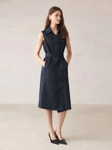 BizChic Veste régulière pour femmes avec imprimé rayé, ceinturée avec poches, sans manches