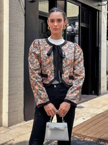 Chiquease Floral Print Color Block Lace-Up Long Sleeve Jacket