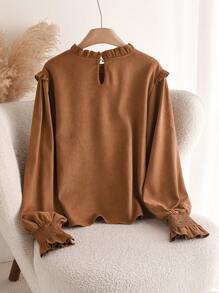 CosyJoli 大码女式休闲纯色衬衫，秋冬 - 棕色 - 查看 2