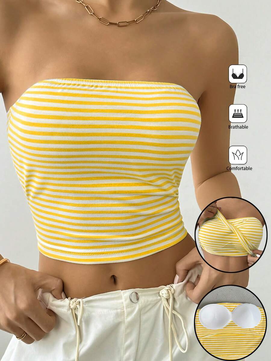 Flirla Parte superior corta tipo bandeau a rayas de verano para mujer - Amarillo - Ver 1