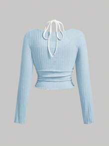 SHEIN MOD Plus Size Light Blue And White Two Tone Lettuce Trim Tie Back 2 In 1 Tee - Baby Blue - View 2