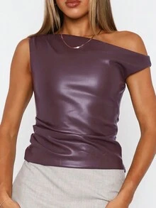 Women's Solid Color Asymmetric Neck Pleated Fitted Leather Blouse - Burgundy - View 5