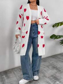 Calvaya Plus Size Heart Pattern Pocket Design Casual Long Sleeve Cardigan - Baby Pink - View 8