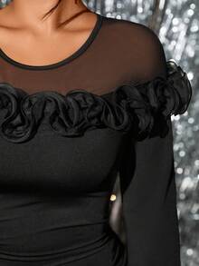 Allurite 大码女式纯色网眼拼接荷叶边下摆修身喇叭袖连衣裙 - 黑色 - 查看 6