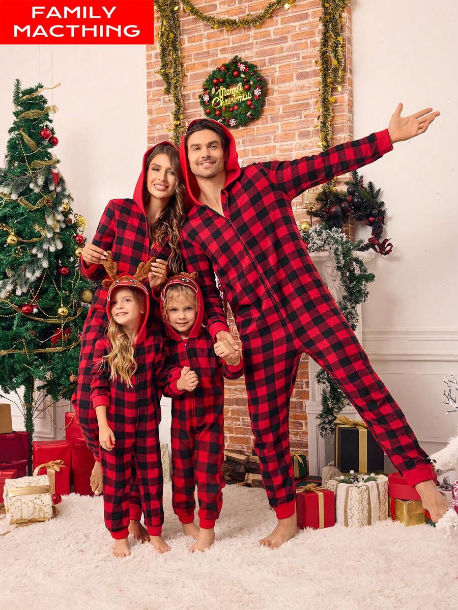SHEIN Conjunto de pijama de Navidad para niñas, ropa de dormir a juego para fiesta navideña familiar, mono con estampado a cuadros, tela suave y cálida, decoraciones navideñas de otoño e invierno - Rojo - Ver 1