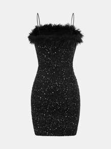 SHEIN Girlism Vestido de baile de lantejoulas pretas para adolescentes, elegante, glamoroso, com bainha peluda, adequado para encontros, reuniões, festas, festivais, ano novo