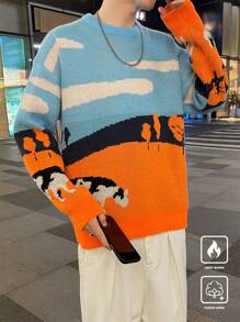 Claim Dot Men's Contrast Color Graphic Print Crew Neck Long Sleeve Sweater