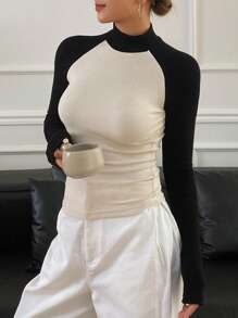 Livesso Color Block High Neck Long Sleeve Fitted Women T-Shirt