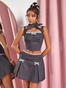 SHEIN SXY Bộ 2 áo crop top ren chấm bi gợi cảm và chân váy mini cho nữ - Nhiều màu - Xem 3