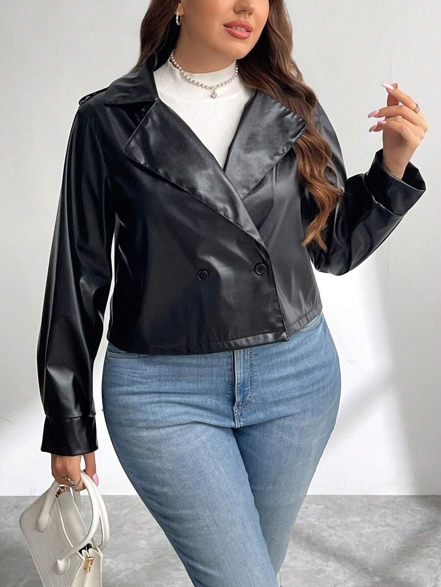 SHEIN Privé Áo khoác da ngắn cài nút phía trước ve xe máy thường ngày, thanh lịch cỡ lớn cho nữ Áo khoác ngoài dài tay thời trang hàng ngày - màu đen - Xem 1