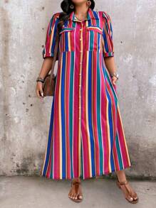 SHEIN LUNE Vestido camisa con botones delanteros, con bloques de color y rayas, tallas grandes, otoño