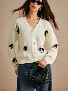 Poéselle White Bow Sweater Cardigan,Casual Bow Decor Knitted Cardigan, Fall Women Clothes,Winter Women Clothes,Black Stereoscopic Bow Decorated Cardigan Sweater,Warm And Comfortable, Suitable For Daily Street, Commute, Holiday, Home Wear FW24