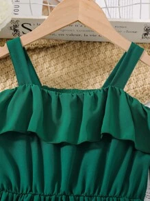 SHEIN Vestido de niña preadolescente con mangas abullonadas, volantes y falda acampanada en unicolor - Verde - Ver 5
