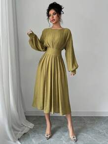 Calvaya Textured Elegant Batwing Sleeve Empire Waist Pleated Lantern Sleeve Dress Maxi Women Outfit