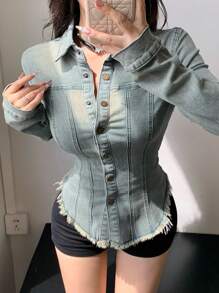 DAZY 女式秋季拼布磨边长袖收腰休闲牛仔夹克，秋季女装 - 中等水洗藍 - 查看 7