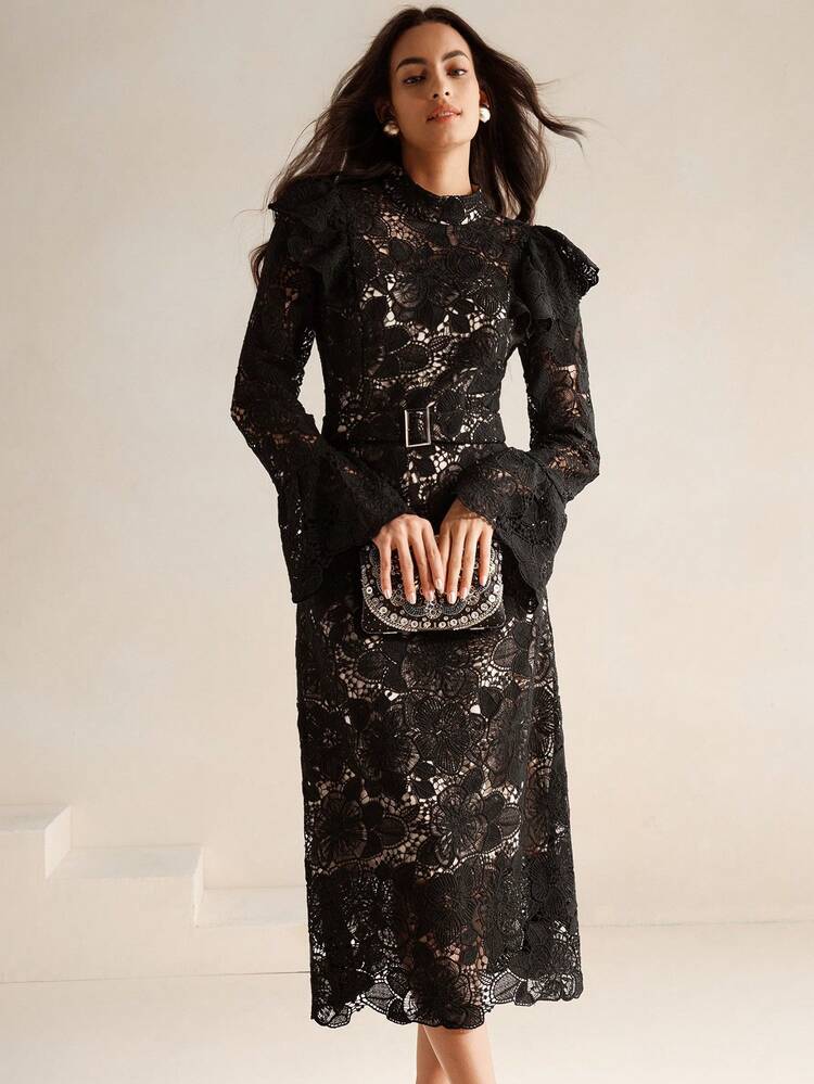 Hollow Lace Decorated Belt Elegant Long Sleeve Stand Collar Mid-Length Dress