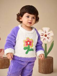 SHEIN Baby Girls Thickened Flannel Pajamas Set, Children Coral Fleece Sleepwear Suit, Winter